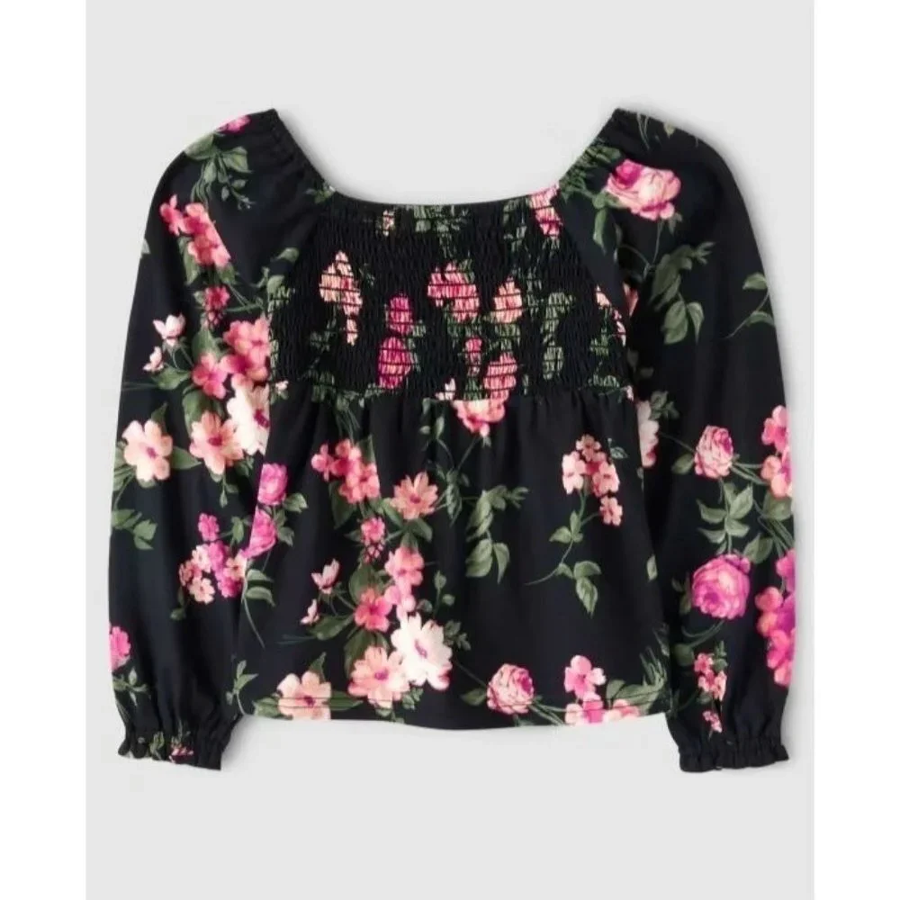 NWT The Children’s Place Girls Print Smocked Top‎ - Black Size M